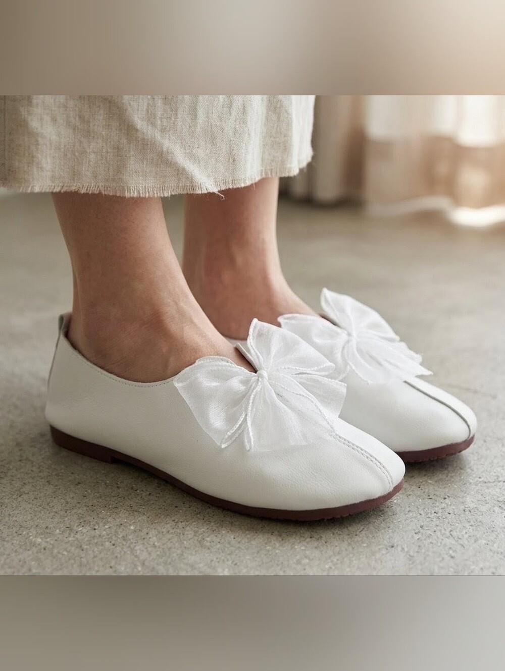 White Sheer Bow Flat Loafers / Ballet Flats - Size EU 38 / US 7.5 (NEW)